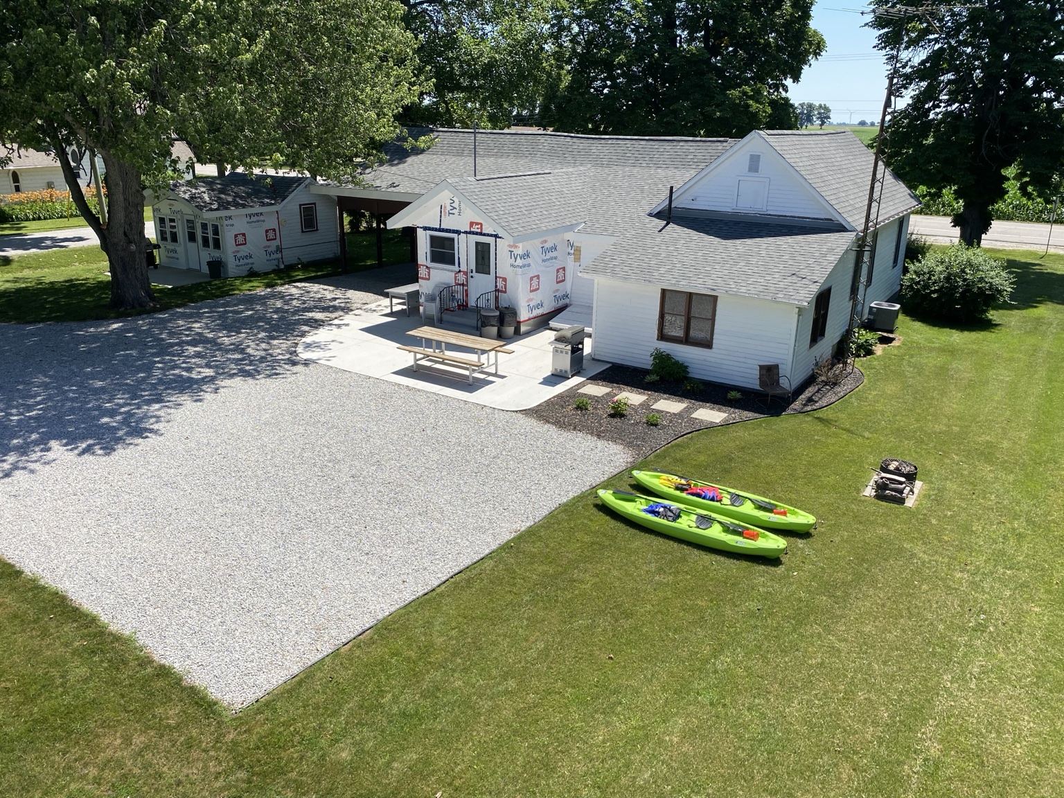 Aerial view of the main cottage and property